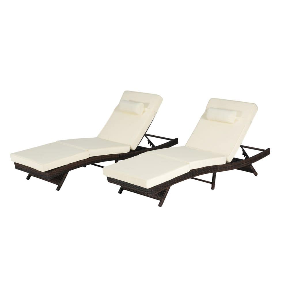 Wicker Sunbathing Outdoor Lounge Chair with Khaki Brown Cushions (2-Pack)