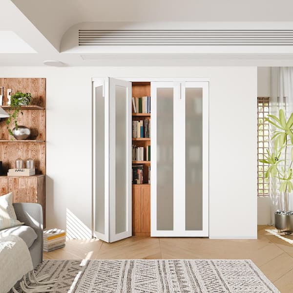 60 in x 80 in Full Lite Frosted Glass Solid Core White PVC Covering MDF Bi-fold Door with Lock and Full Accessories