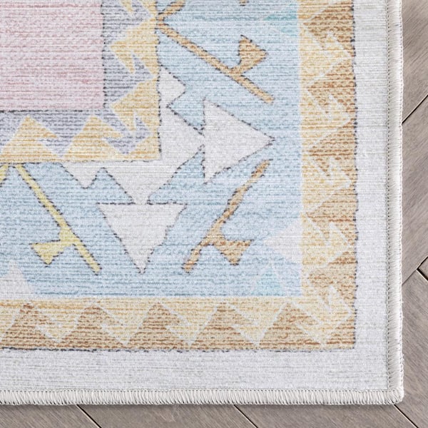 Ethnic Soft Medallion Modern Kids Pink Light Blue 5 ft. x 7 ft. Machine Washable Flat-Weave Area Rug