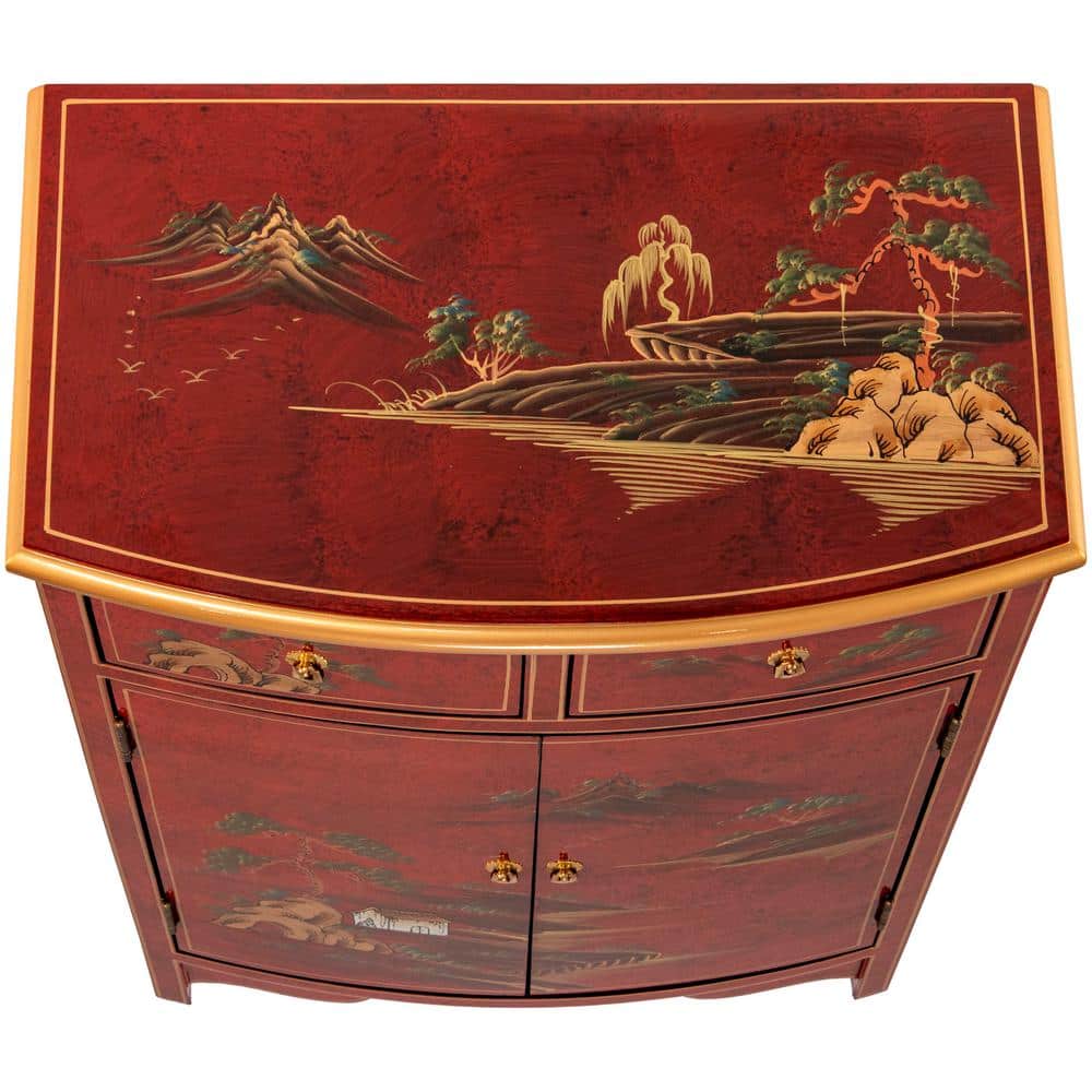 Red Lacquer Hand-Painted Landscape Solid Wood Accent Cabinet