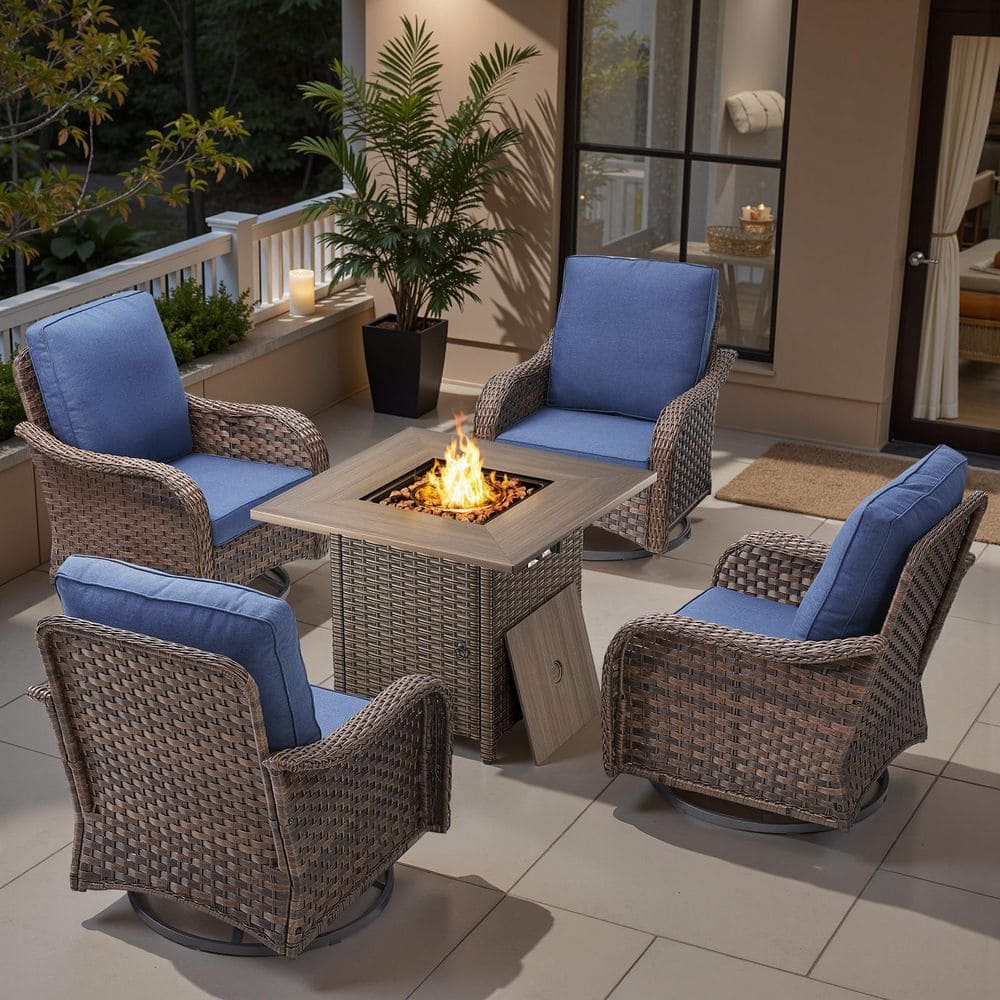 RoundEase 5-Piece Brown Wicker Fire Pit Conversation Set with Olefin Bule Cushions and Curved Arm Swivel Glider Chairs price history on PriceWatchPro