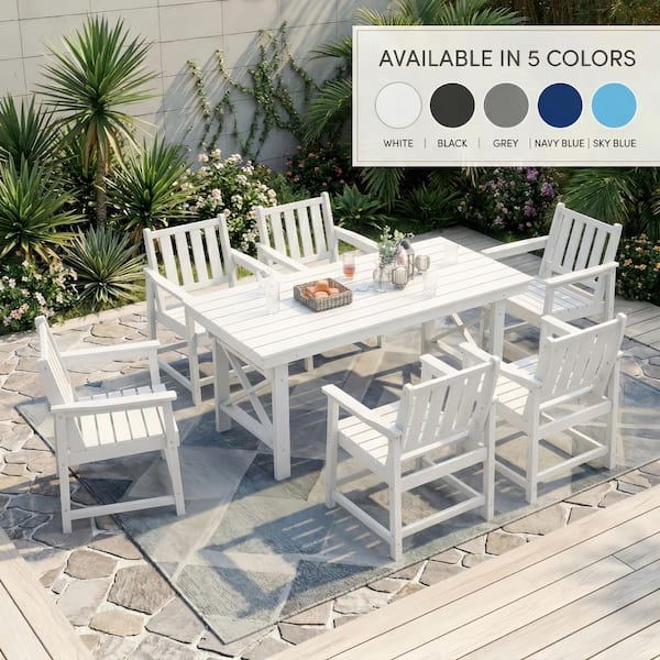 White 7-Piece HDPE Plastic Patio Outdoor Dining Set with 6-Arm Chairs and Rectangular Table