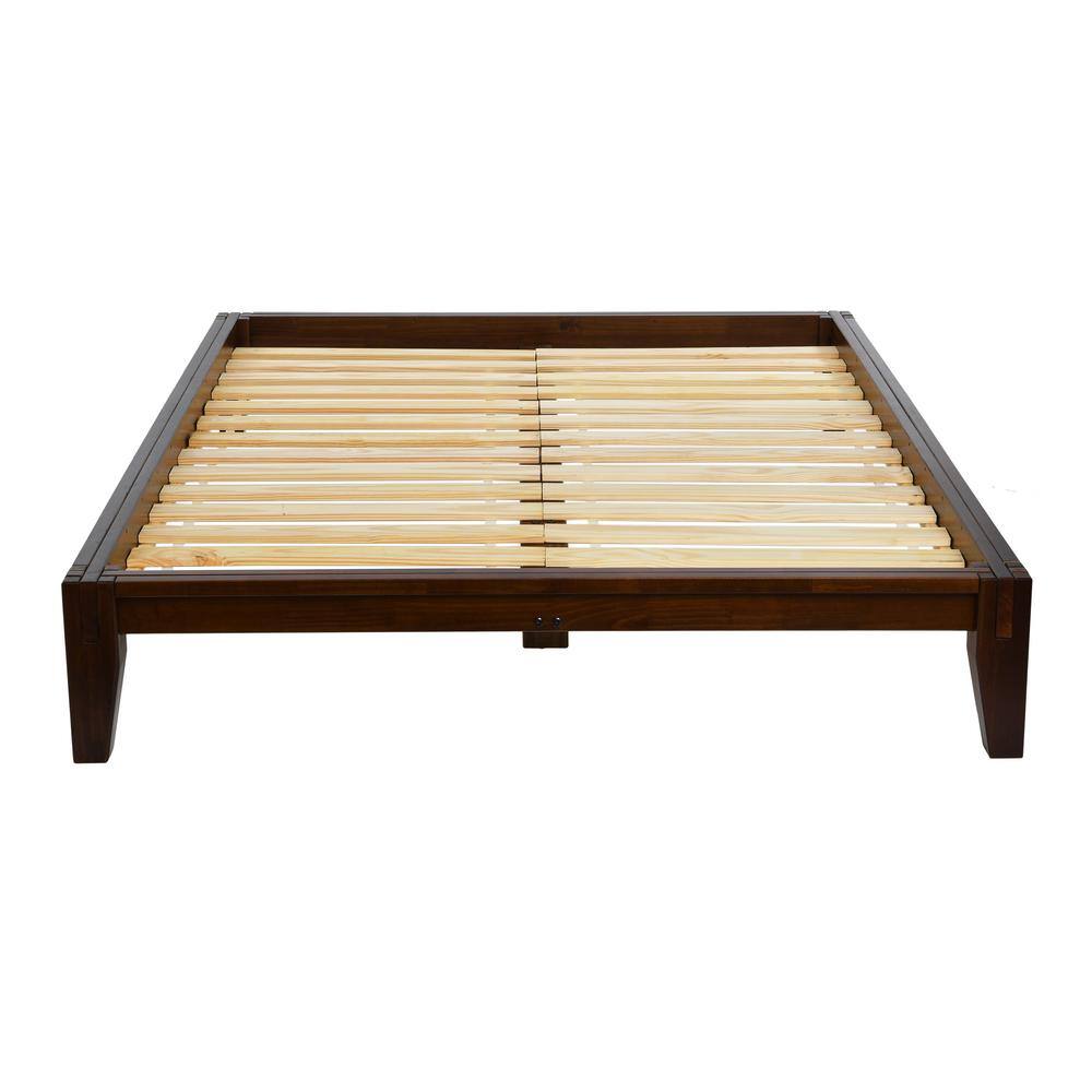 Storied Home Yume Bed Brown Pine Wood Frame Queen Platform Bed, Walnut Finish