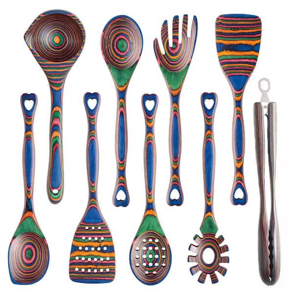 Rainbow Layered Pakkawood 9-Piece Cooking Utensil and Tool Set with Spoons and Kitchen Tongs