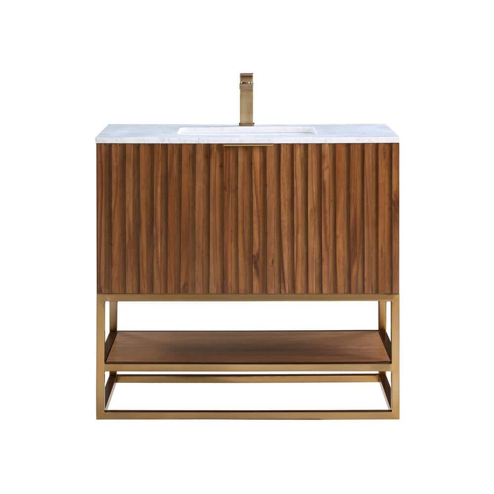 Walnut and Satin Brass 36" Single Bathroom Vanity with Carrara Marble Top