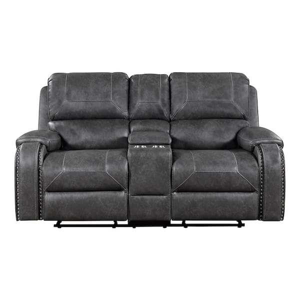 Logansport 76 in. W Gray Faux Leather Double Glider Reclining 2-Seater Loveseat with Center Console
