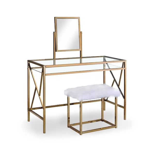 Furniture of America Helaine Contemporary 2-Piece in Champagne Metal Vanity and Stool Set