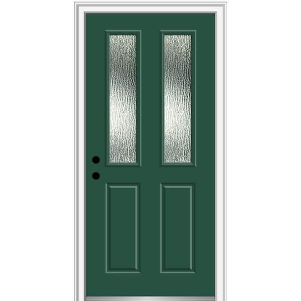 MMI DOOR 34 in. x 80 in. Right-Hand/Inswing Rain Glass Hunter Green Fiberglass Prehung Front Door on 4-9/16 in. Frame