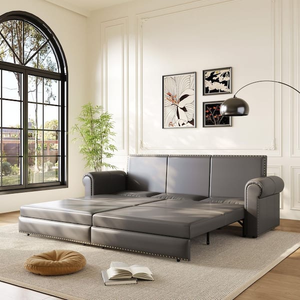 Modern 93.7 in. Grey Faux Leather Upholstery King Size Pull Out Sofa Bed with Nailhead Trim