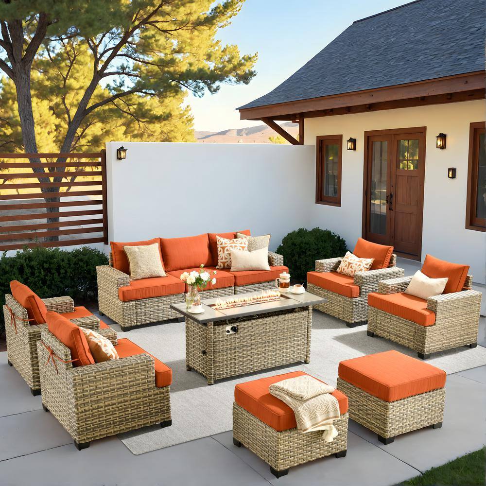 Kelleys 10-Piece Wicker Modern Outdoor Patio Furniture Conversation Sofa Set with a Fire Pit and Orange Red Cushions