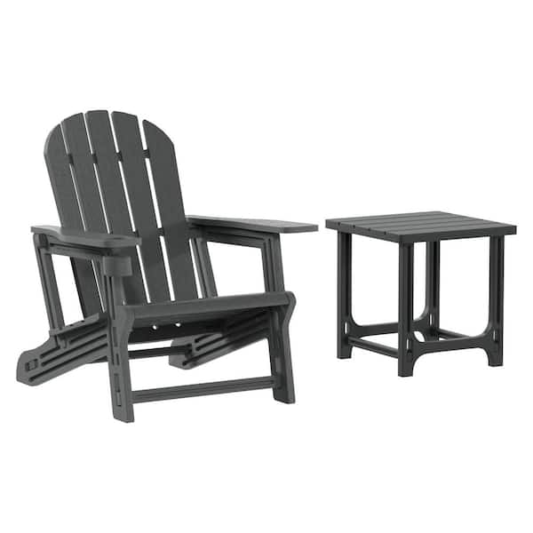 Coastline Outdoor Patio All Weather HDPE Poly Plastic 2-Piece Adirondack Chair w/ Side Table Set, Gray