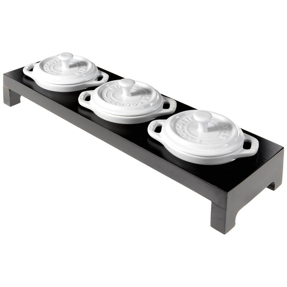 3-Piece White Mini Round Ceramic Cocotte Set with Stand