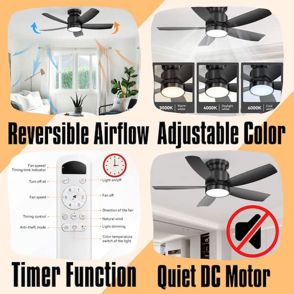 42 in. Flush Mount Ceiling Fans with LED Light 22W and Remote Control 5 ABS Fan Blades for Bedroom