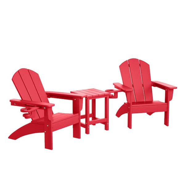 Children's Laguna Outdoor Patio 3-Piece All Weather Kids Poly Plastic Adirondack Chairs w/ Side Table Set, Red