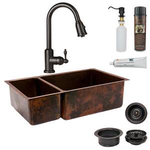 All-in-One Undermount Hammered Copper 33 in. 0-Hole 25/75 Double Bowl Kitchen Sink in Oil Rubbed Bronze