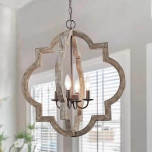 Modern Farmhouse Cage Chandelier Bronze 4-Light Island Candlestick Chandelier Rust Proof Weathered Wood Pendant Light