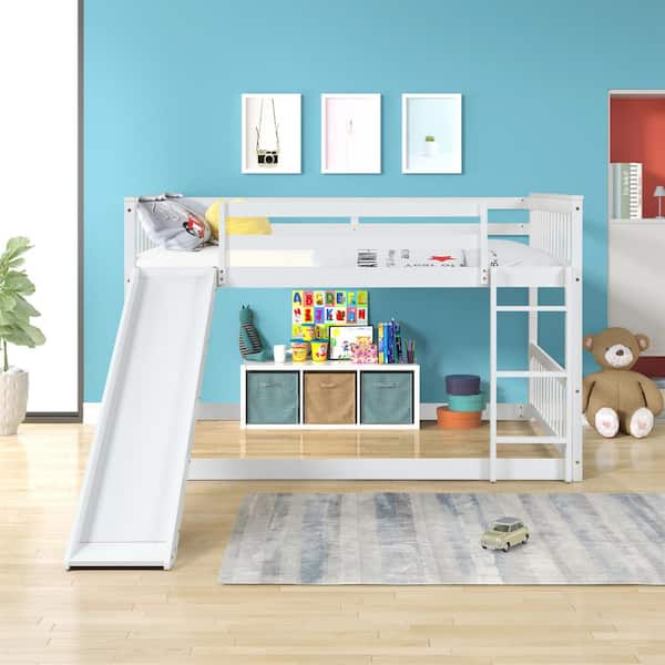 Seafuloy 79.7 in. L x 57.2 in. W White Pine Full Size Bunkbed with Slide