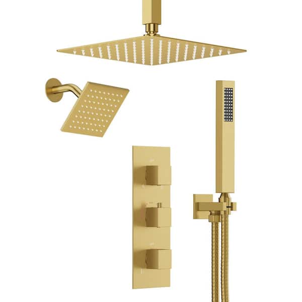 Rainspire 5-Spray 12 in. and 6 in. Ceiling Mount Square High Pressure Shower System with Valve in Brushed Gold