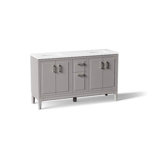 Seer 60 in. Double Sink Freestanding Mohair Grey Bath Vanity with White Quartz Top Assembled