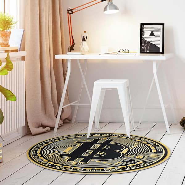 Black Gold 3 ft. 3 in. Round Money Bitcoin Novelty Printed Area Rug