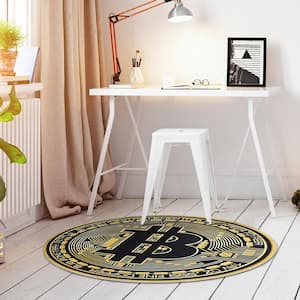Money Bitcoin Novelty Printed Black Gold 6 ft. 7 in. Round Area Rug
