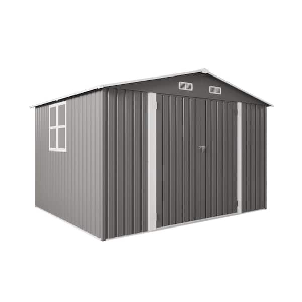 10 ft. W x 8 ft. Gray Metal Large Metal Storage Shed, Tool Shed with Lockable Door and Air Vent, Clear Window