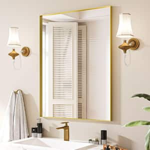28 in. W x 36 in. H Rectangular Aluminum Framed Wall Bathroom Vanity Mirror in Brushed Gold