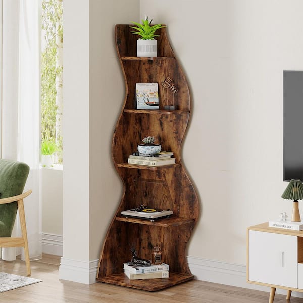 BYBLIGHT Eulas 69.8 in. Tall Brown Engineered Wood 5-Shelf Standard Bookcase Corner Shelf with Storage