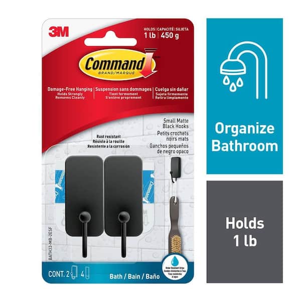 1 lb. Small Bath Hook, Matte Black, Damage Free Hanging, 2 Metal Hooks