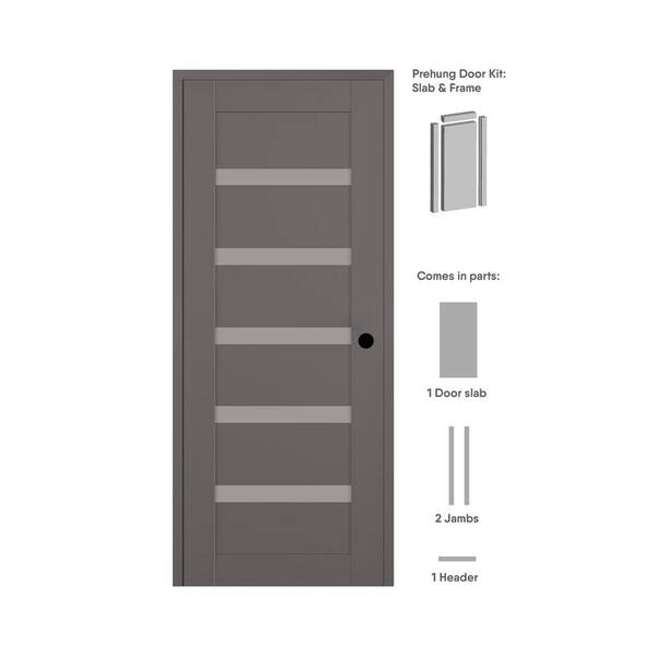Belldinni Leora DIY-Friendly 24 in. W. x 80 in. Left-Hand 5-Lite Frosted Glass Gray Matte Composite Single Prehung Interior Door