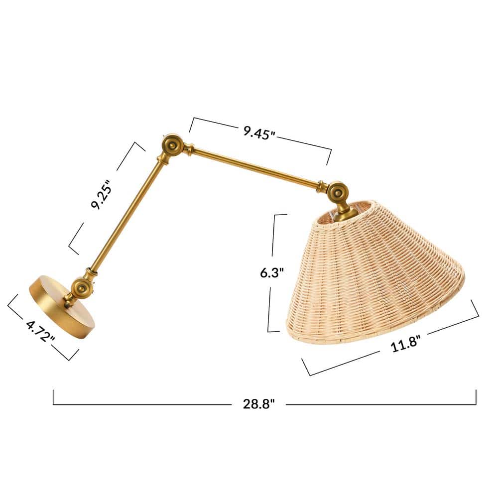Antique Brass Finish Adjustable Wall Sconce with Woven Rattan Shade