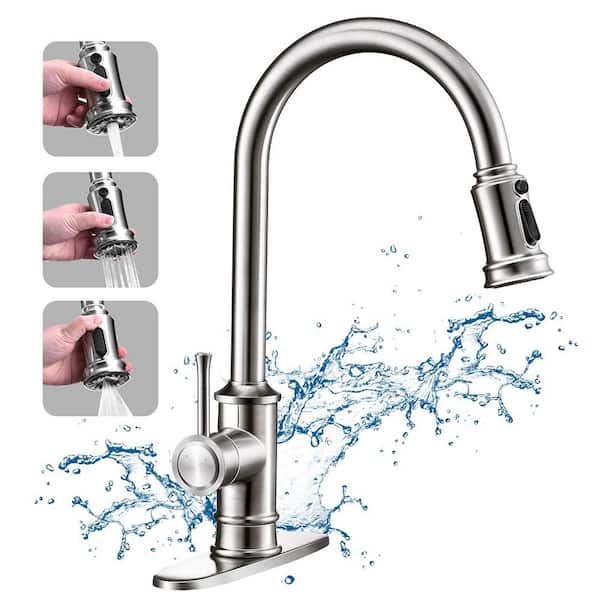 LORDEAR Single Handle Pull Down Sprayer Kitchen Faucet in Brushed Nickel with Deck Plate