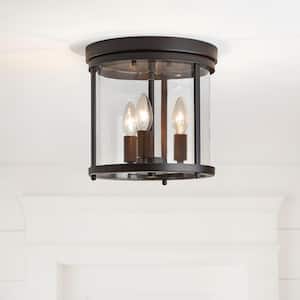 10 in. Willoughby 3-Light Vintage Bronze Ceiling Light Flush Mount with Clear Glass