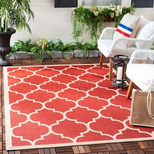 Courtyard Red/Bone 4 ft. x 4 ft. Square Geometric Indoor/Outdoor Patio  Area Rug