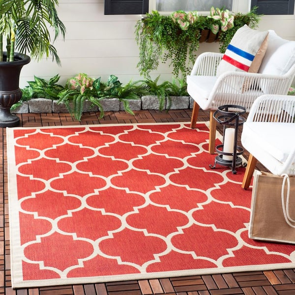 Courtyard Red/Bone 5 ft. x 5 ft. Square Geometric Indoor/Outdoor Patio  Area Rug