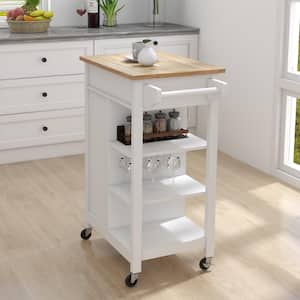 Rolling White Wood 25.98 in. Kitchen Island with Drawers and Towel Rack