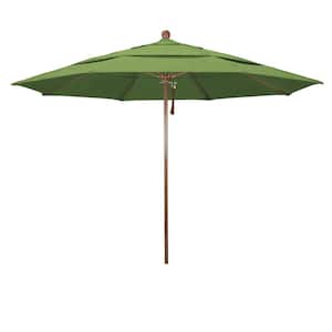 11 ft.Woodgrain Aluminum Commercial Market Patio Umbrella Fiberglass Ribs and Pulley Lift in Spectrum Cilantro Sunbrella