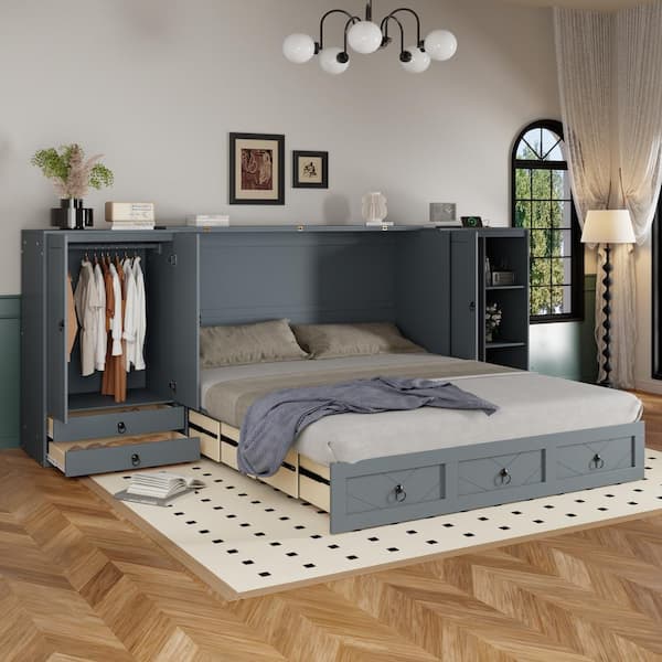 Gray Wood Frame Queen Size Murphy Bed with Little Wardrobes, Drawers and USB Port