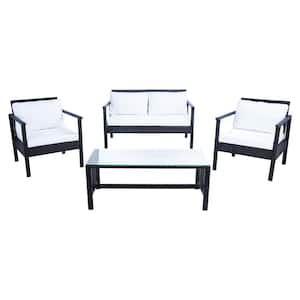 Garner Black 4-Piece Wicker Patio Conversation Set with White Cushions