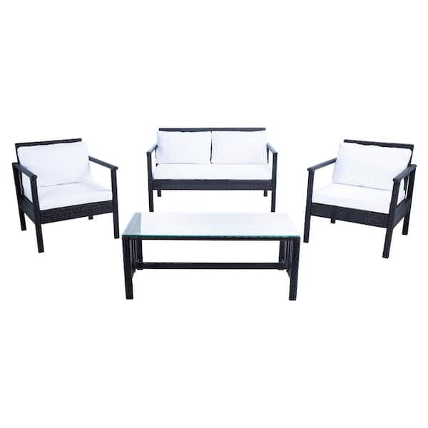 SAFAVIEH Garner Black 4-Piece Wicker Patio Conversation Set with White Cushions