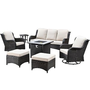 New Kenard Brown 7-Piece Wicker Patio Fire Pit Conversation Set with Beige Cushions and Swivel Rocking Chairs