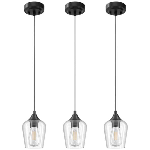 Merra 60-Watt 1-Light Matte Black Mini Pendant Light with clear Glass Shade and Adjustable Height, (3-Packs)