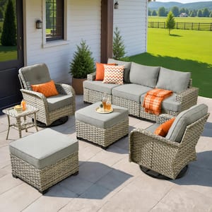 Scorpio 8-Piece Wicker Patio Conversation Seating Sofa Set with Dark Gray Cushions and Swivel Rocking Chairs