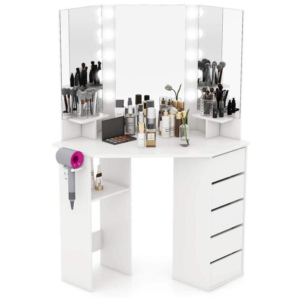 1-Piece White Corner Makeup Vanity Desk Cosmetic Vanity Station with LED Mirror and Power Outlets - thumbnail 3