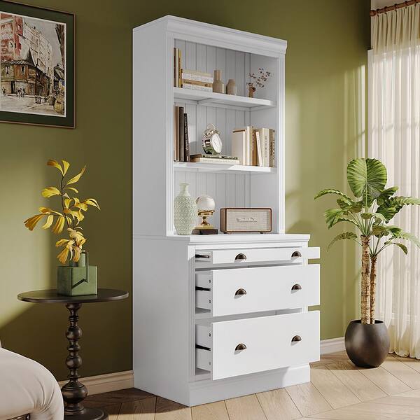 Unbranded 83.4 in. Tall White Wood Storage Cabinet with Storage Drawer 2 Piece Set Standard Storage Bookshelf Bookcase C SR000004AAK