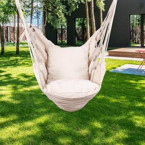 Hammock Cotton Swing Camping Hanging Rope Chair Wooden Beige White Outdoor Patio 