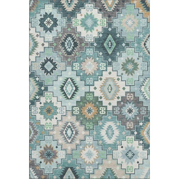 Mayfield Premium Machine Washable Abstract AMF2123 Teal 5 ft. x 7 ft. 6 in. Area Rug