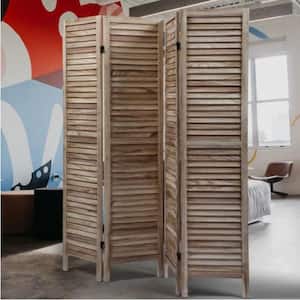 Light Burnt Sycamore Wood 4 Panel Screen Folding Louvered Room Divider