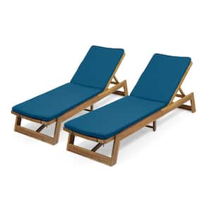 Maki Teak Brown 2-Piece Wood Outdoor Chaise Lounge with Blue Cushions