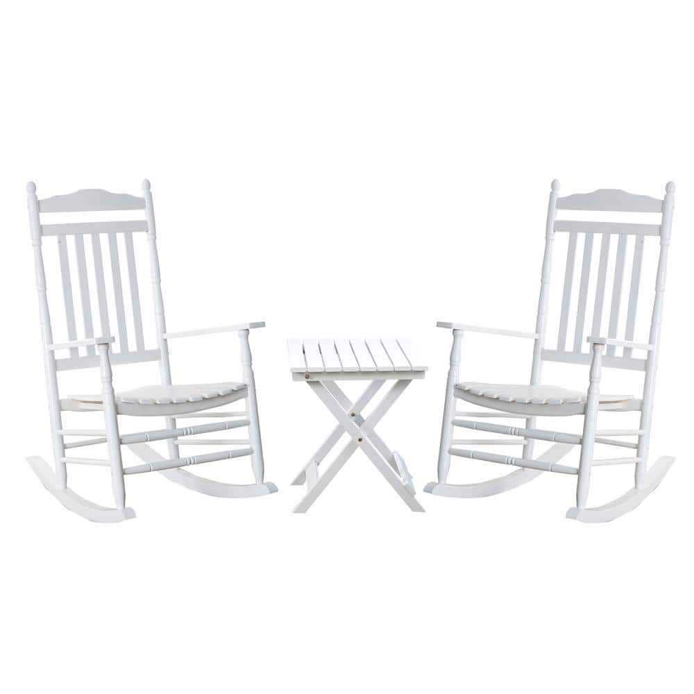 White Wood Traditional Outdoor Rocking Chair Set with Foldable Side Table